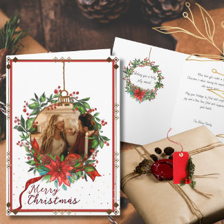 Watercolor Holly Berry Christmas Wreath Photo Card Feiertagskarte