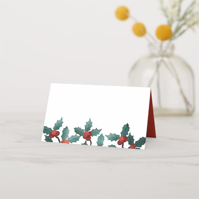Watercolor Holly Berry Foliage | Urlaub Platzkarte (Vorderseite)