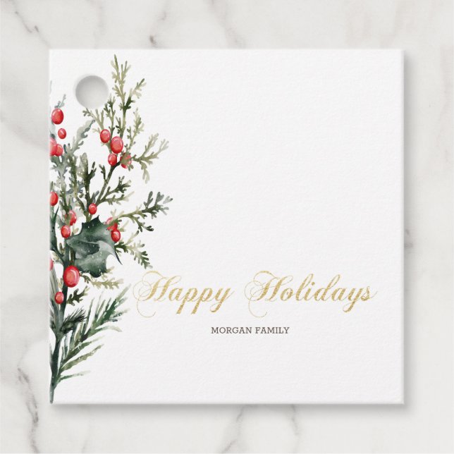 Watercolor Holly Berry Greenery Geschenkanhänger (Vorderseite)
