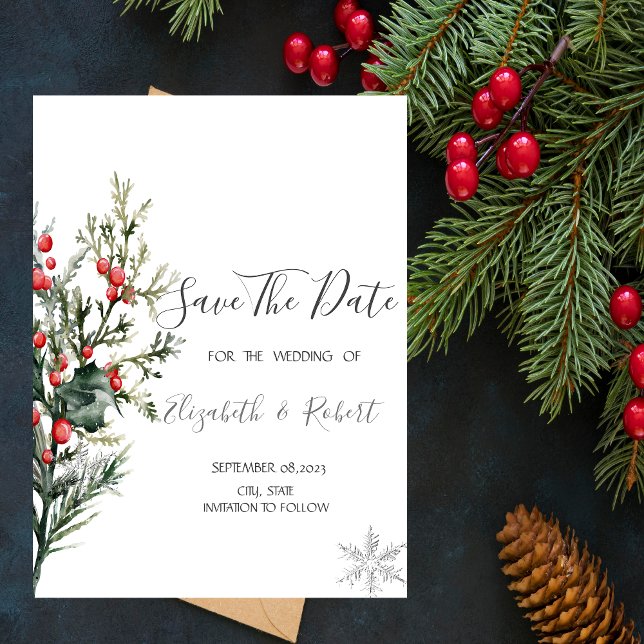 Watercolor Holly Berry Greenery Save the Date (Von Creator hochgeladen)