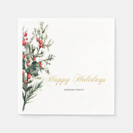 Watercolor Holly Berry Greenery Serviette