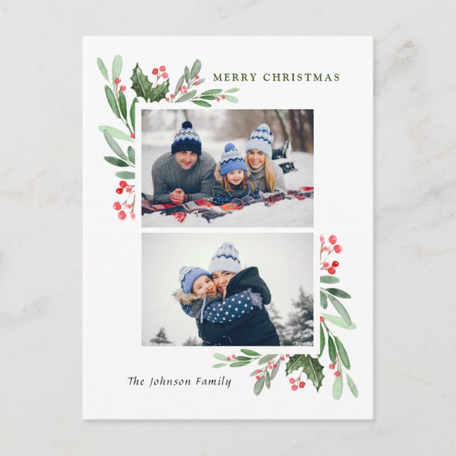 Watercolor Holly Berry Weihnachten 2 FOTO Gruß Postkarte (Vorderseite)