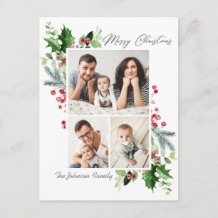 Watercolor Holly Berry Weihnachten 3 FOTO Gruß Postkarte