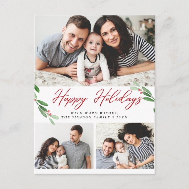 Watercolor Holly Berry Weihnachten 3 FOTO Gruß Postkarte (Vorderseite)