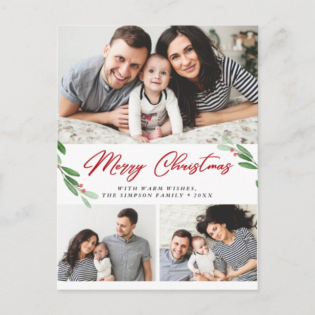 Watercolor Holly Berry Weihnachten 3 FOTO Gruß Postkarte (Vorderseite)