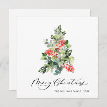 Watercolor Holly Berry Weihnachtsbaum Gruß