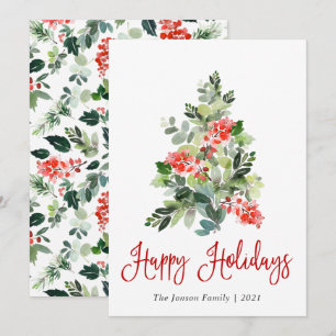 Watercolor Holly Berry Weihnachtsbaum Gruß Feiertagskarte
