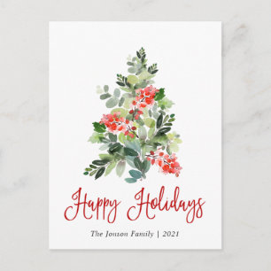 Watercolor Holly Berry Weihnachtsbaum Gruß Postkarte