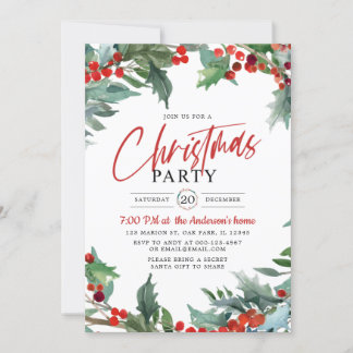 Watercolor Holly Berry Weihnachtsgrüße Party Einladung