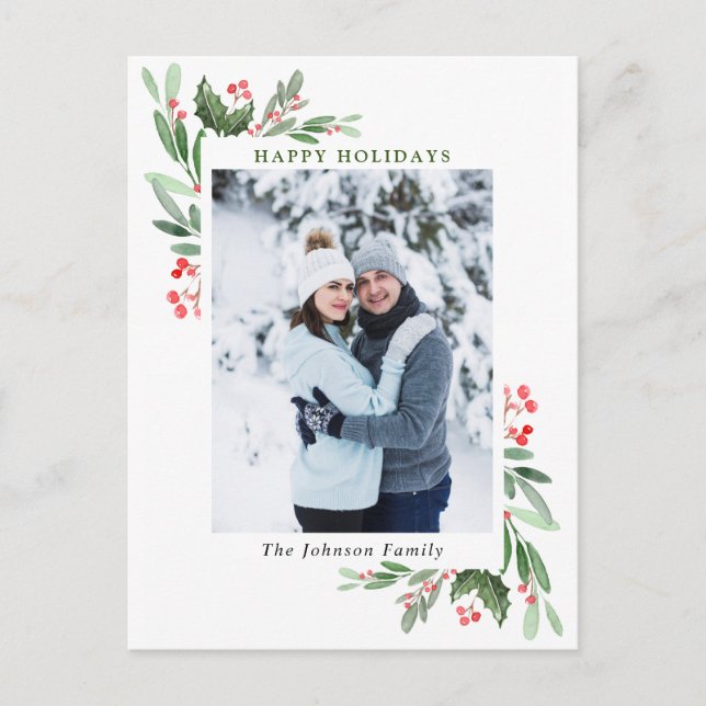 Watercolor Holly Berry Weihnachtsgrüßen FOTO Gruß Postkarte (Vorderseite)