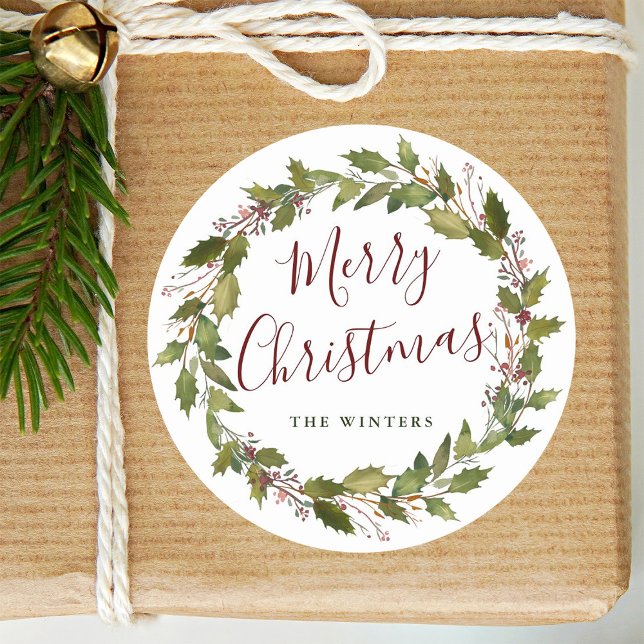 Watercolor Holly Berry Wreath Frohe Weihnachten Runder Aufkleber (Von Creator hochgeladen)