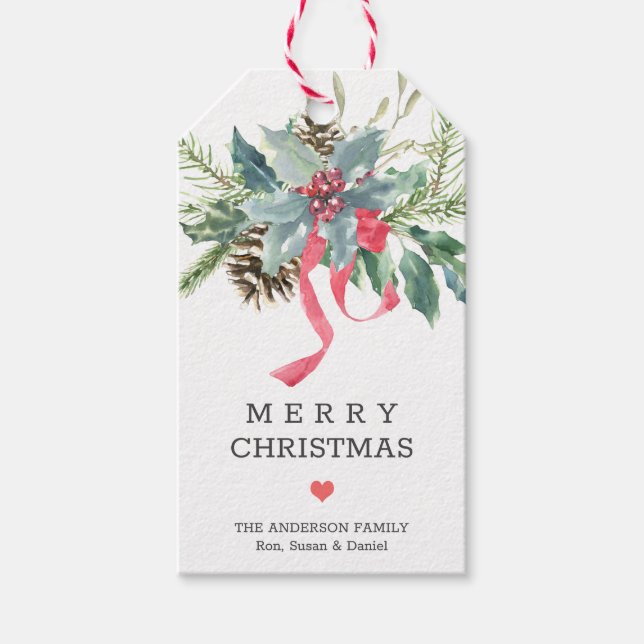 Watercolor Holly Bouquet Weihnachtsgeschenk Tag Geschenkanhänger (Vorderseite)