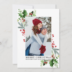 Watercolor Holly Christmas Greenery Couple Foto Feiertagskarte