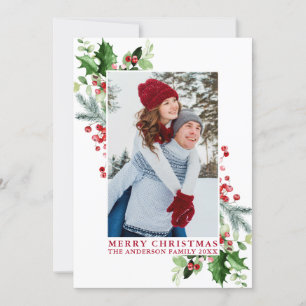 Watercolor Holly Christmas Greenery Foto Red Feiertagskarte