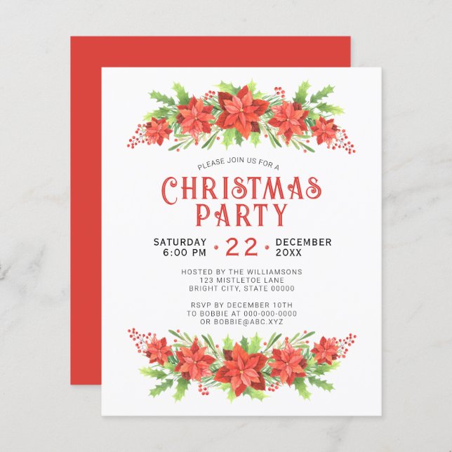 Watercolor Holly Christmas Party Einladung (Vorne/Hinten)