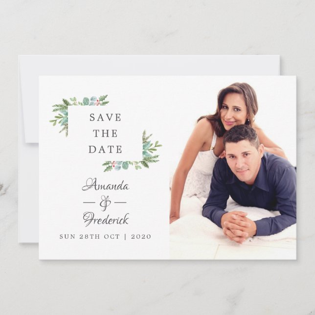 Watercolor Holly Christmas Save the Date (Vorderseite)