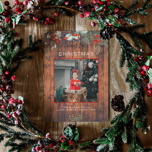 Watercolor Holly Frohe Weihnachts-Foto Cherry Wood Feiertagskarte