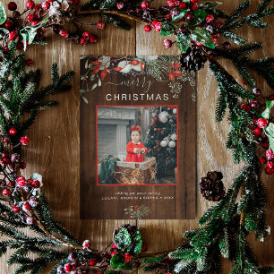 Watercolor Holly Frohe Weihnachts-Foto Dunkles Hol Feiertagskarte