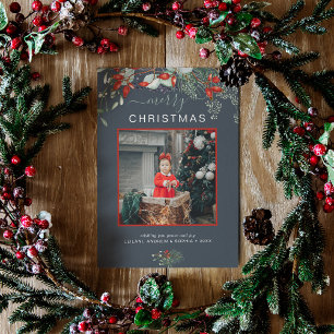 Watercolor Holly Frohe Weihnachts-Foto Dusty Blue Feiertagskarte