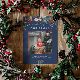 Watercolor Holly Frohe Weihnachts-Foto Navy Blue Feiertagskarte