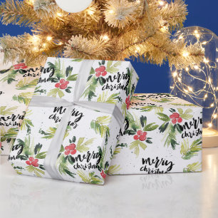 Watercolor Holly Greenery Muster Merry Christmas Geschenkpapier