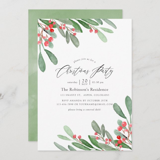Watercolor Holly Jolly Christmas Party Einladung (Vorne/Hinten)