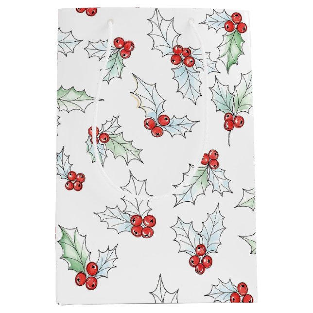 Watercolor Holly Leaves and Red Berries Christmas Mittlere Geschenktüte (Vorderseite)