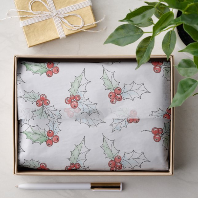 Watercolor Holly Leaves and Red Berries Christmas Seidenpapier (Geschenk)
