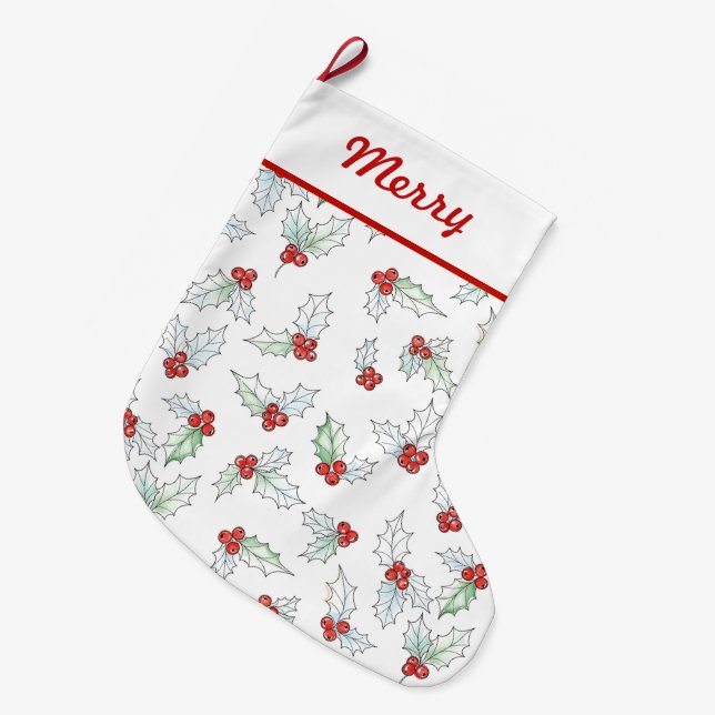 Watercolor Holly Leaves and Red Berries  Großer Weihnachtsstrumpf (Vorderansicht (hängend))