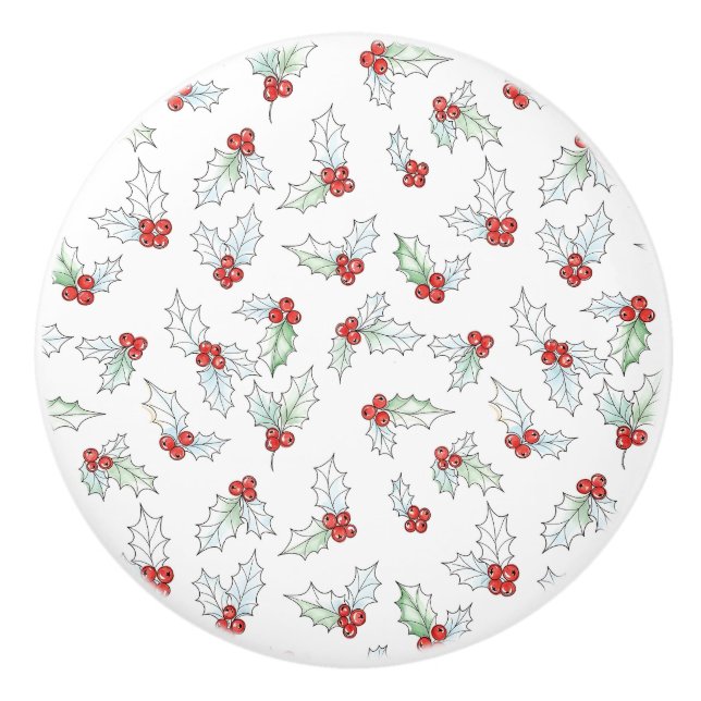 Watercolor Holly Leaves and Red Berries Keramikknauf (Vorderseite)