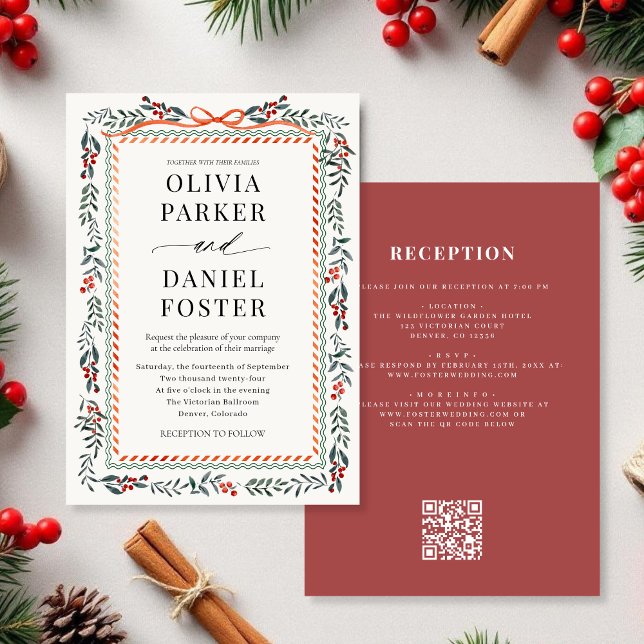 Watercolor Holly Red Bow QR Code Christmas Wedding Einladung (Von Creator hochgeladen)