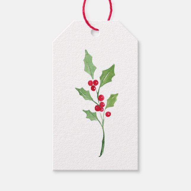 Watercolor Holly Sprig Geschenketiketten Geschenkanhänger (Vorderseite)