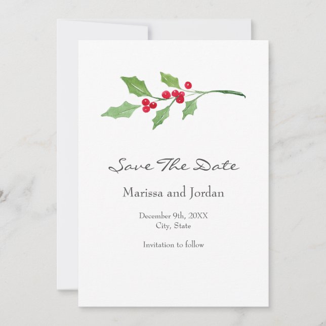 Watercolor Holly Sprig Save The Date (Vorderseite)