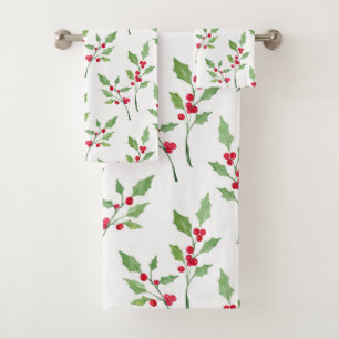 Watercolor Holly Sprigs Muster Badhandtuch Set