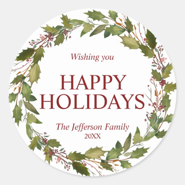 Watercolor Holly Verlasse Wreath Christmas Holiday Runder Aufkleber (Vorderseite)