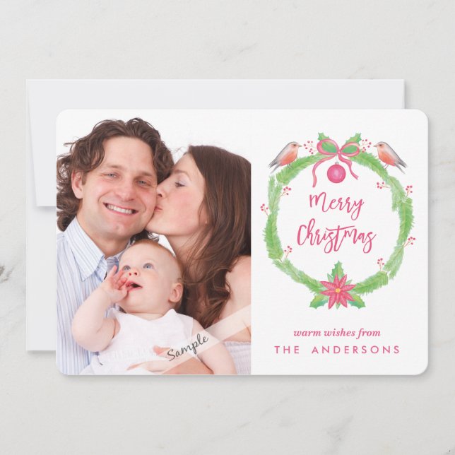 Watercolor Holly Wreath "Frohe Weihnachten + Foto (Vorderseite)