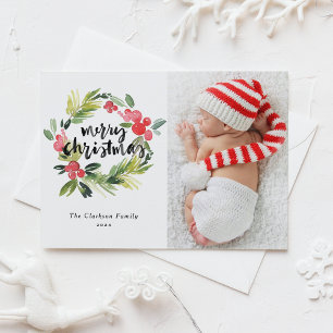 Watercolor Holly Wreath Frohe Weihnachts-Foto Feiertagspostkarte