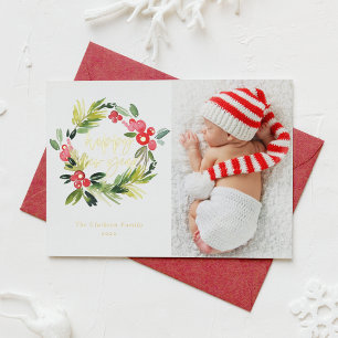 Watercolor Holly Wreath Happy New Year Foto Folien Feiertagskarte