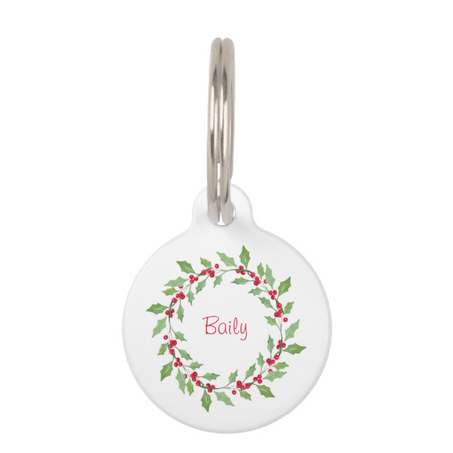 Watercolor Holly Wreath Haustiermarke (Vorderseite)