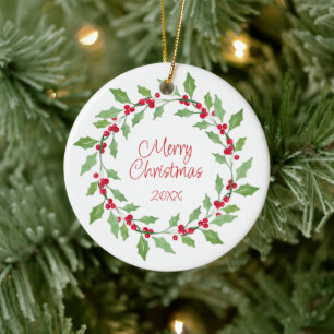 Watercolor Holly Wreath Keramik Ornament