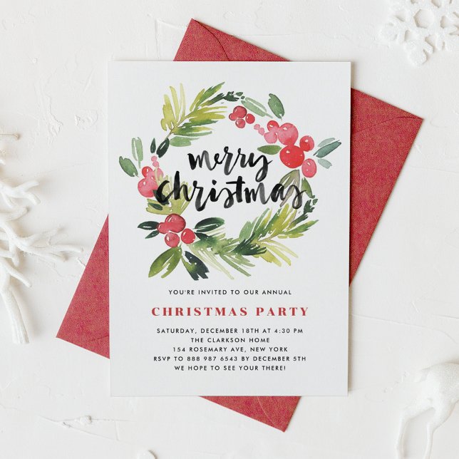 Watercolor Holly Wreath Merry Holiday Party Einladung (Von Creator hochgeladen)