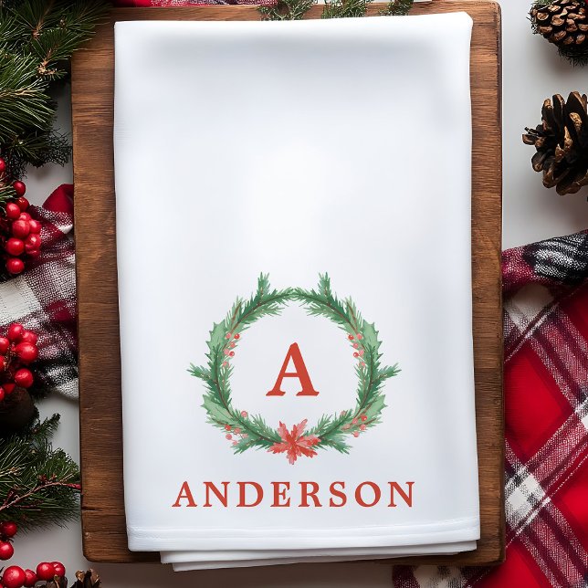 Watercolor Holly Wreath Modern Holiday Weihnachten Geschirrtuch (Von Creator hochgeladen)