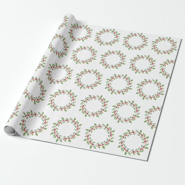 Watercolor Holly Wreath Pattern Geschenkpapier (Ungerollt)