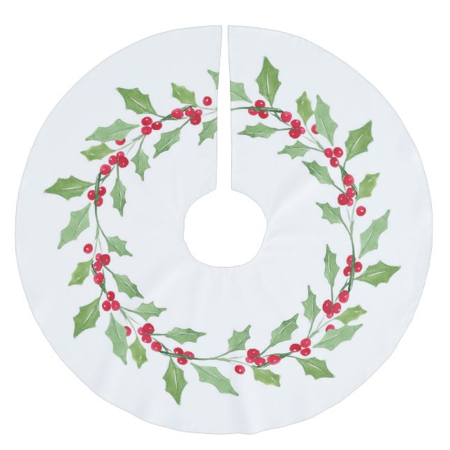Watercolor Holly Wreath Polyester Weihnachtsbaumdecke (Vorderseite)