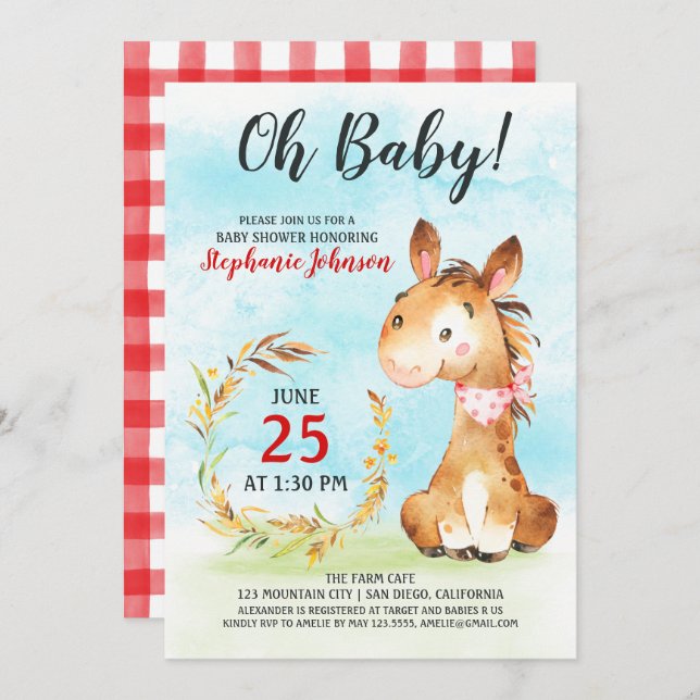 Watercolor Horse Baby Shower Farm Einladung (Vorne/Hinten)