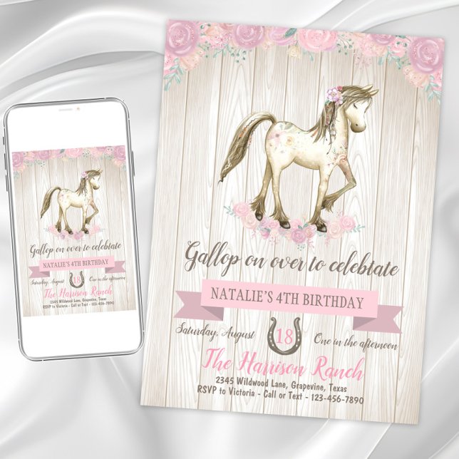 Watercolor Horse Geburtstagsparty Einladung (Cute pony birthday party invitation. Instant download and printed invitations available.)