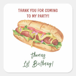 Watercolor Hot Dog Kindergeburtstag Vielen Dank Quadratischer Aufkleber