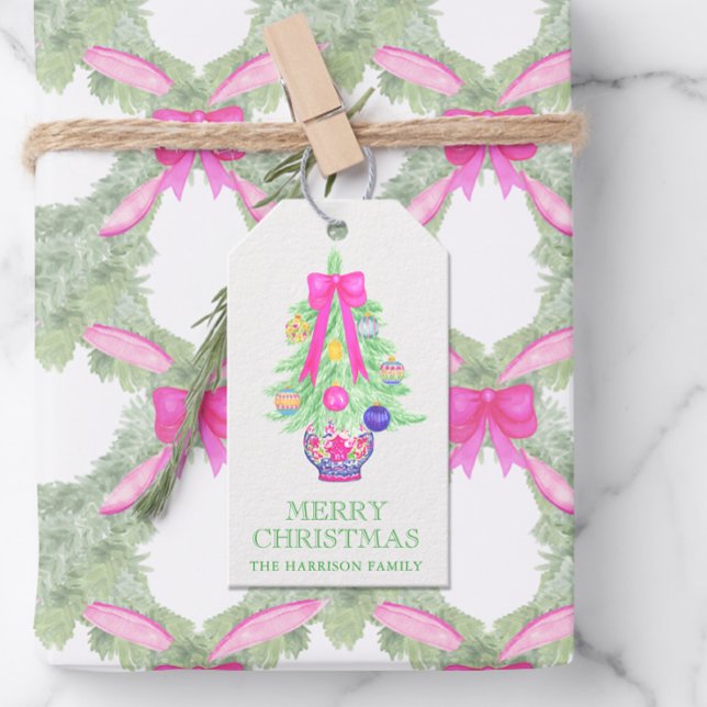 Watercolor Hot Pink Bow Ginger Jar Christmas Gift Geschenkanhänger (Von Creator hochgeladen)