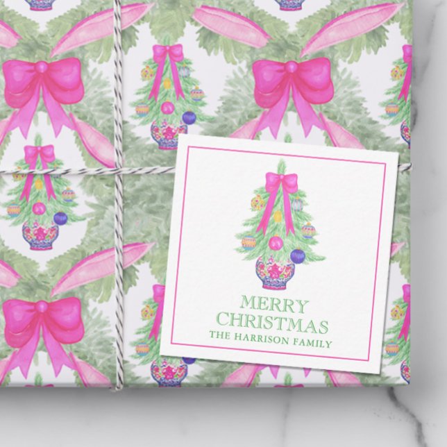 Watercolor Hot Pink Bow Ginger Jar Weihnachtsgesch Mitteilungskarte (Von Creator hochgeladen)