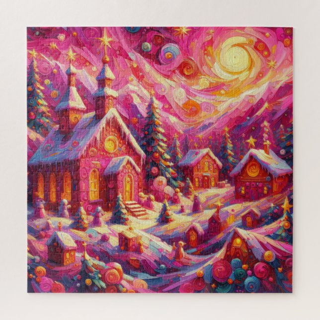 Watercolor Hot Pink House Weihnachtsmotifs Urlaub Puzzle (Vertikal)